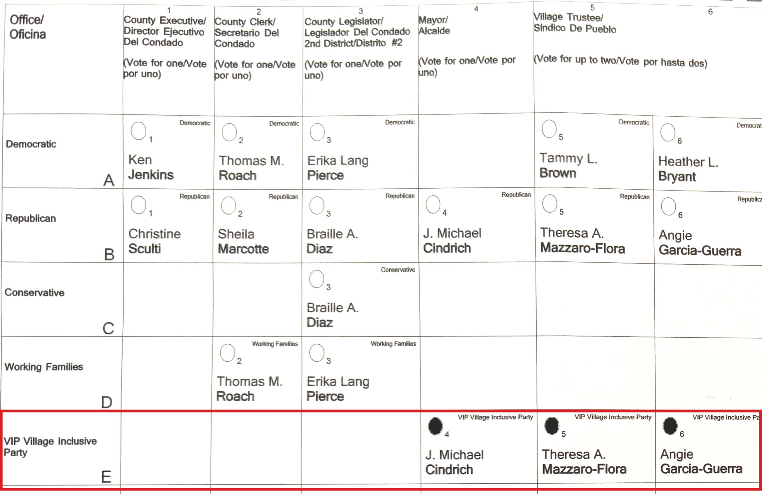Sample Ballot showing Village Inclusive Party candidates